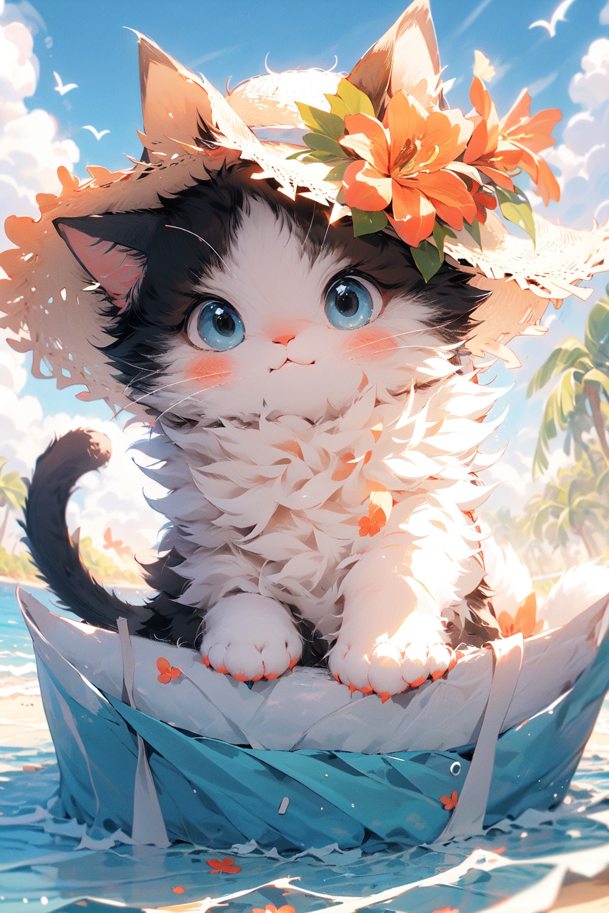 , (masterpiece:1.2), best quality,PIXIV,
no humans, flower, hat, cat, blush, beach, straw hat, outdoors, looking at viewer...